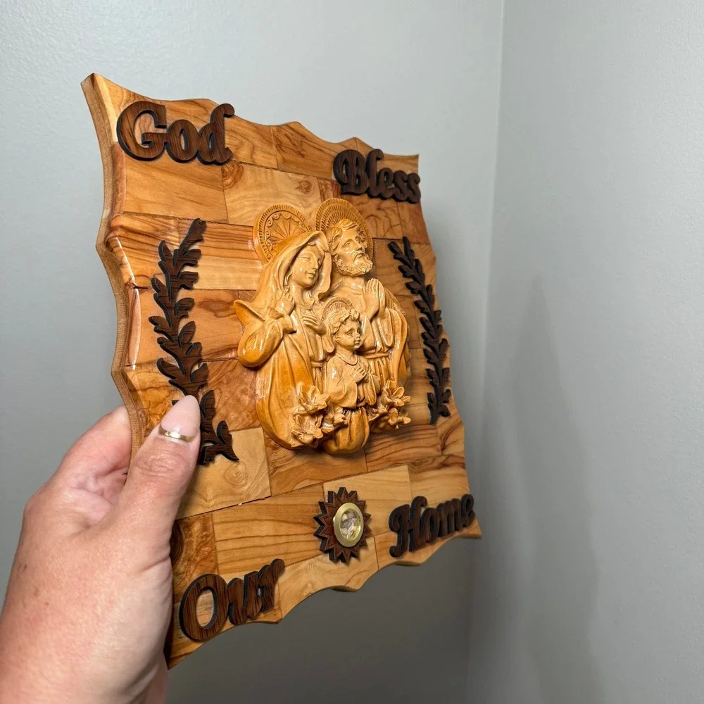 Olive Wood‎ Holy Family Wall Plaque God Bless Our Home Holy Land Stones